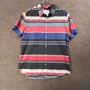 Aeropostale Men's Large Short Sleeve Button Down Shirt Red Blue Stripe Casual